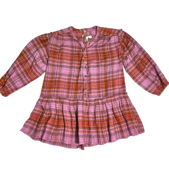 Free people Alexa plaid mini dress button front pink orange medium NWT - Picture 2 of 13